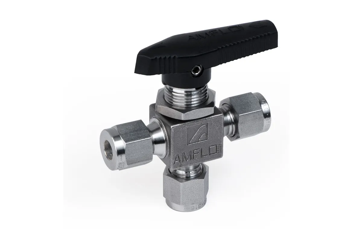 Шаровой кран AMFLO, SS-BV11,  угловой, нержавеющий SS316L, 206 bar, 3-х портовый / Ball valve SS-BV11 tree T-ports